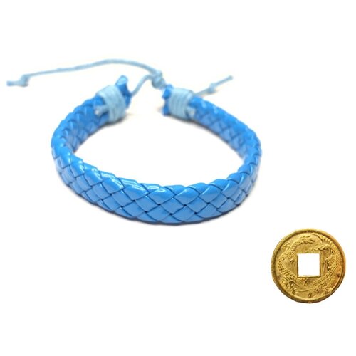Плетёный кожаный браслет оберег, голубой + монета 