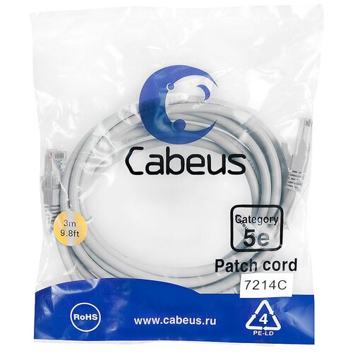 Патч корд Cabeus PC UTP RJ45 Cat.5e 3m Кат.5е 3 м серый