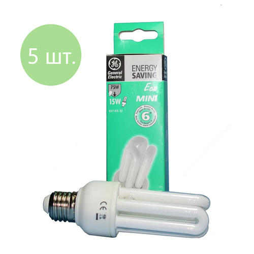 Лампы люминесцентные энергосберегающие E27 15W 2700K (теплый белый свет), MINI General Electric, 5 штук