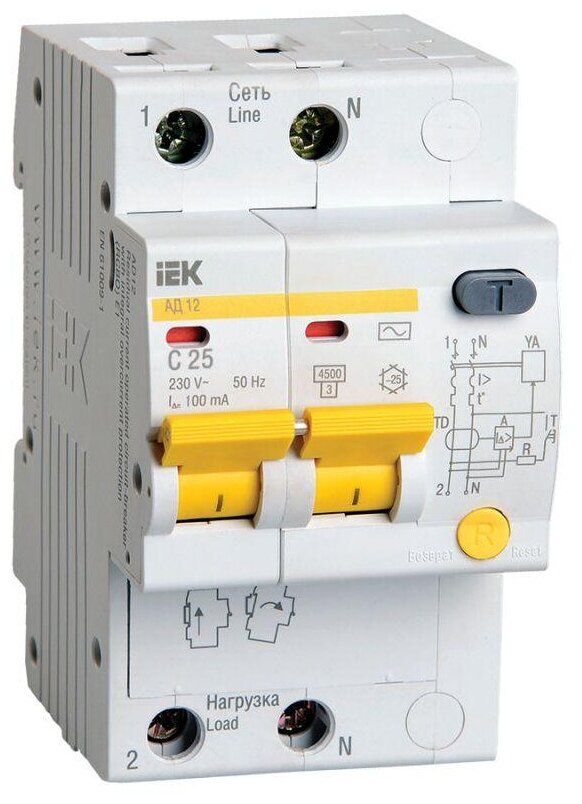 Выключатель автоматический дифференциального тока 2п C 25А 100мА тип AC 4.5кА АД-12, IEK MAD10-2-025-C-100 (1 шт.)