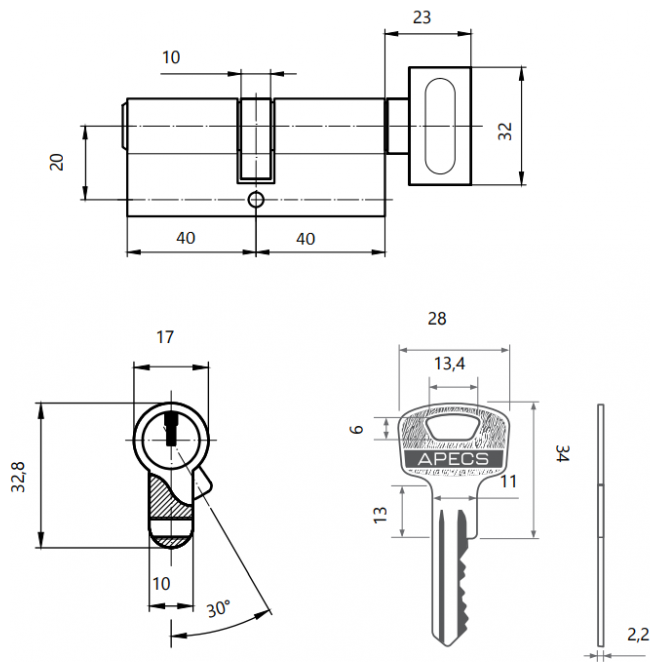 Цилиндровый механизм Apecs SC-80-Z-C-G