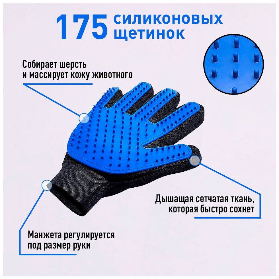 Перчатка для вычесывания шерсти кошек, собак/Расческа для кошек/Чесалка щетка для кошек и собак — фото 1