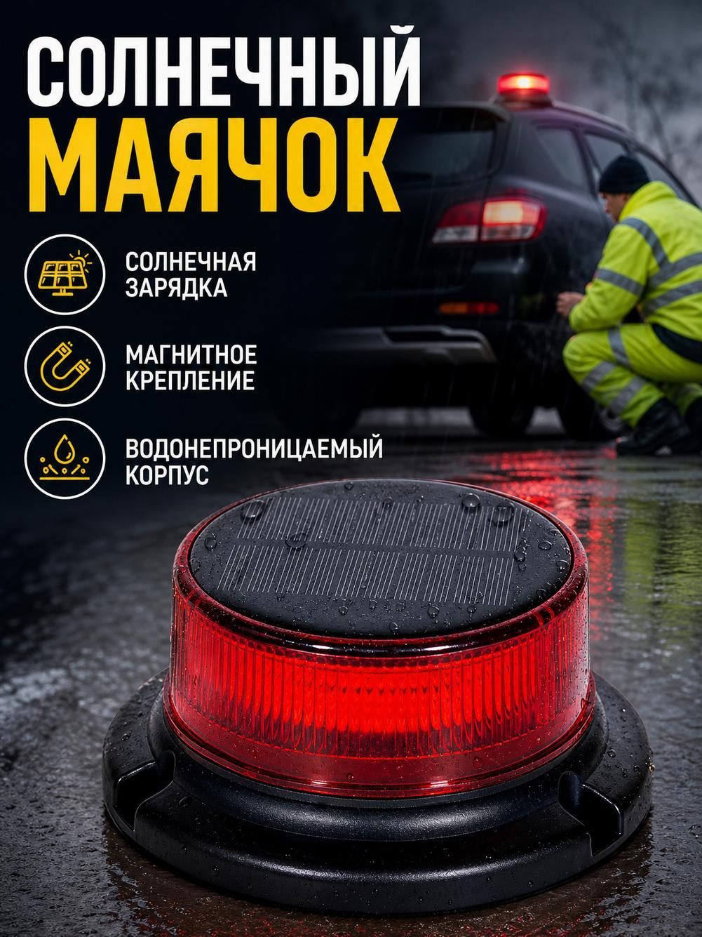 Проблесковый маяк на солнечной батарее, красный, для автомобиля