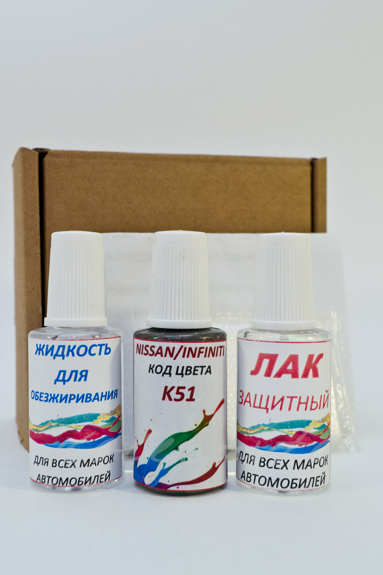 фото Подкраска для сколов во флаконе с кисточкой K51 для NISSAN / INFINITI Серый Металлик, Precision Grey, краска+лак+обезжириватель 3 предмета