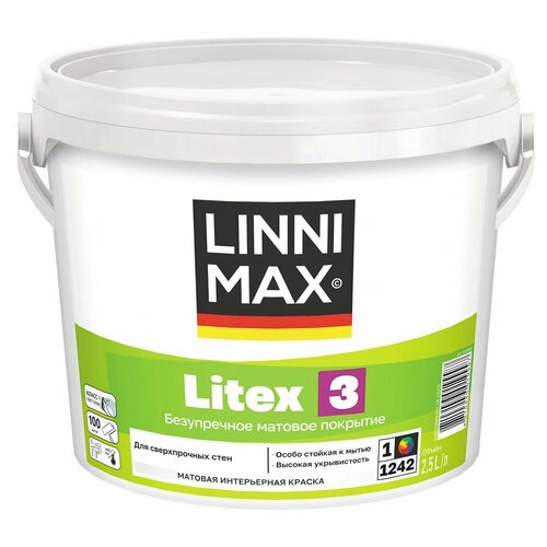 LINNIMAX LITEX 3 краска для стен латексная водно-дисперсионная для вн работ матовая база 1, 2.5 л