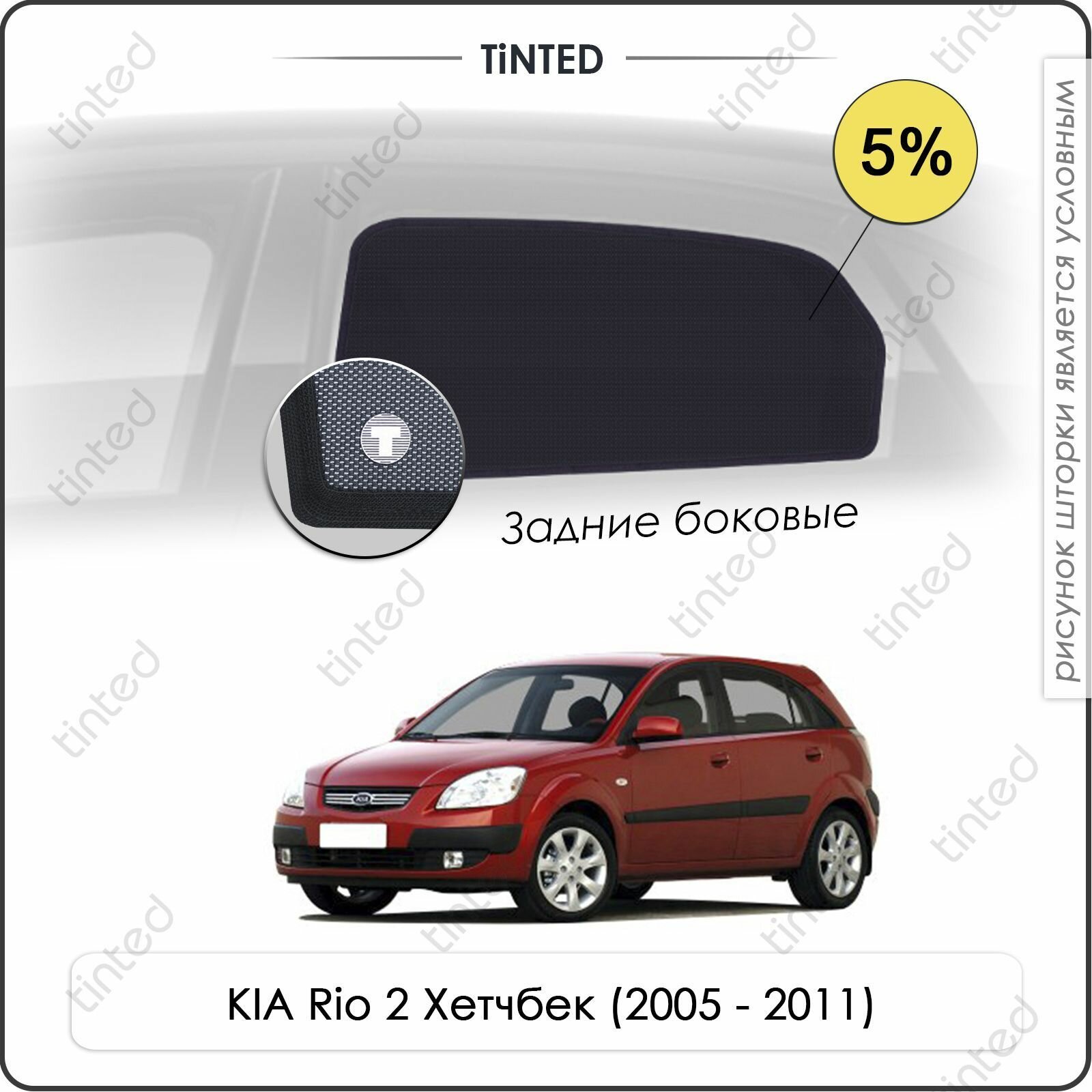 Шторки на автомобиль солнцезащитные KIA Rio 2 Хетчбек 5дв. (2005 - 2011) на задние двери 5%, сетки от солнца в машину КИА РИО, Каркасные автошторки Premium