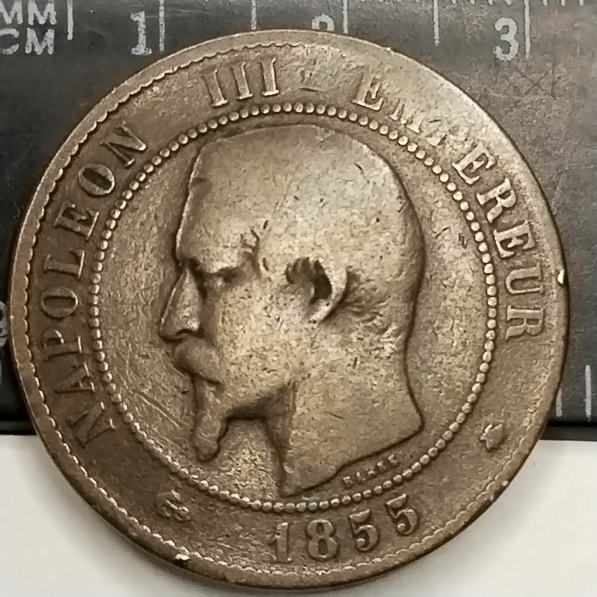 Франция 10 сантимов 1855 ВВ, якорь (Монетный двор Страсбург). Император Наполеон lll.