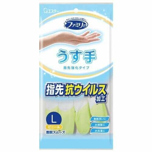 ST Family Vinyl Glove Anti-virus Processing Перчатки виниловые для бытовых и хозяйственных нужд, с уплотнением и антивирусной обработкой кончиков пальцев, тонкие, размер L, бело-зелёные, 1 пара