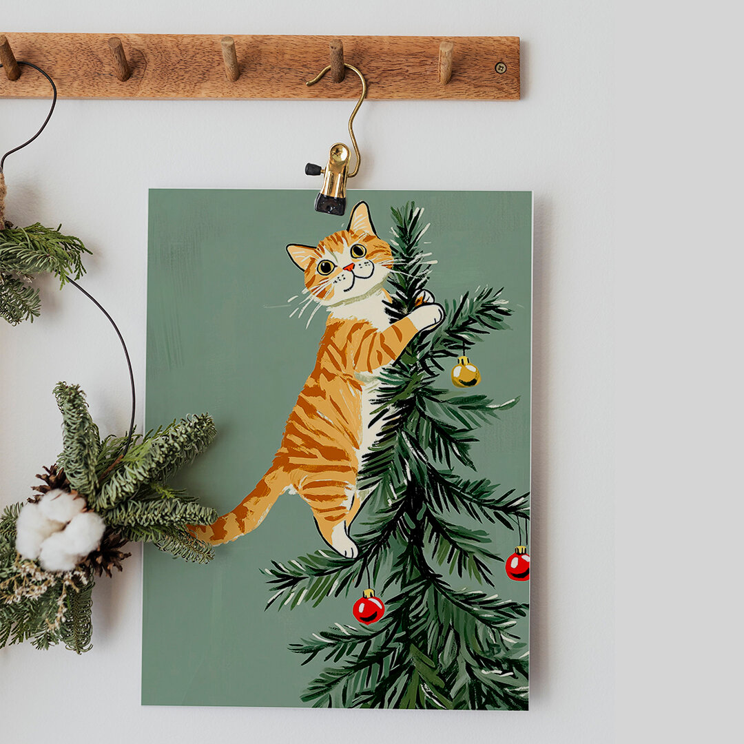 MISHKA POSTER Постер для интерьера "Котик на ёлке", А4 / Новогодний подарок — фото 1