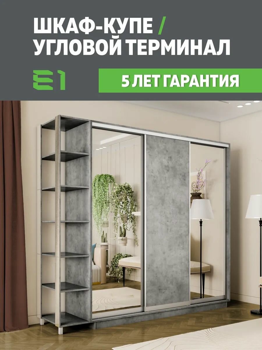 Шкаф-купе Е1 Экспресс с открытыми полками трехдверный, 2 зеркала/лдсп, 210х45х240, серый