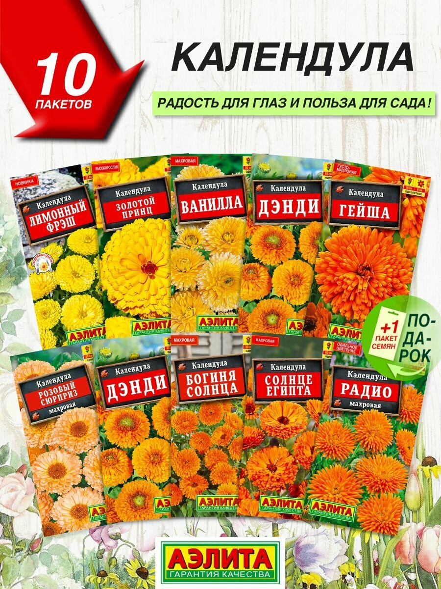 Семена цветов Аэлита Календула 10 сортов   Семена Календулы смесь
