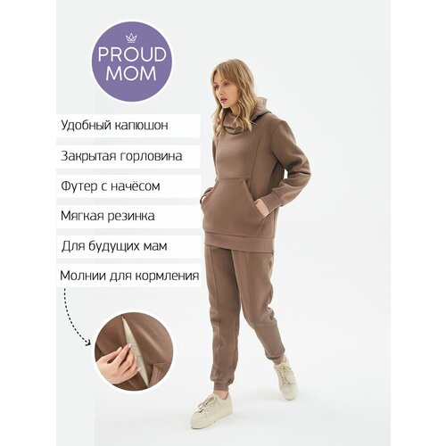 Костюм  для кормления  Proud Mom, худи и брюки, повседневный стиль, полуприлегающий силуэт, утепленный, карманы, эластичный пояс/вставка, капюшон, размер M, коричневый