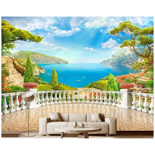 Фотообои на стену флизелиновые Модный Дом Терраса с видом на озеро 400x300 см (ШxВ)