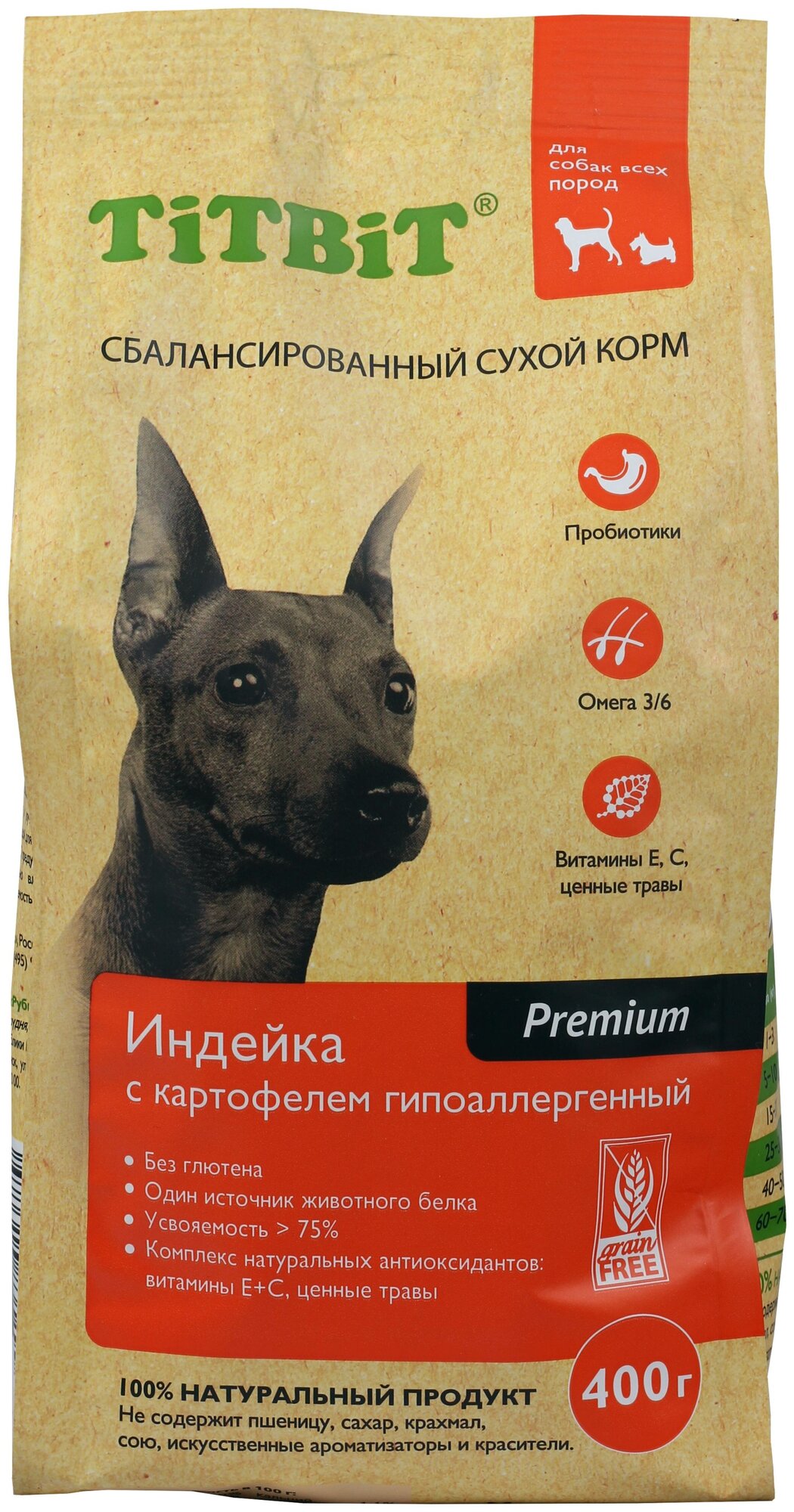 Корм сухой TiTBiT гипоаллергенный для собак всех пород Индейка с картофелем 0,4 кг