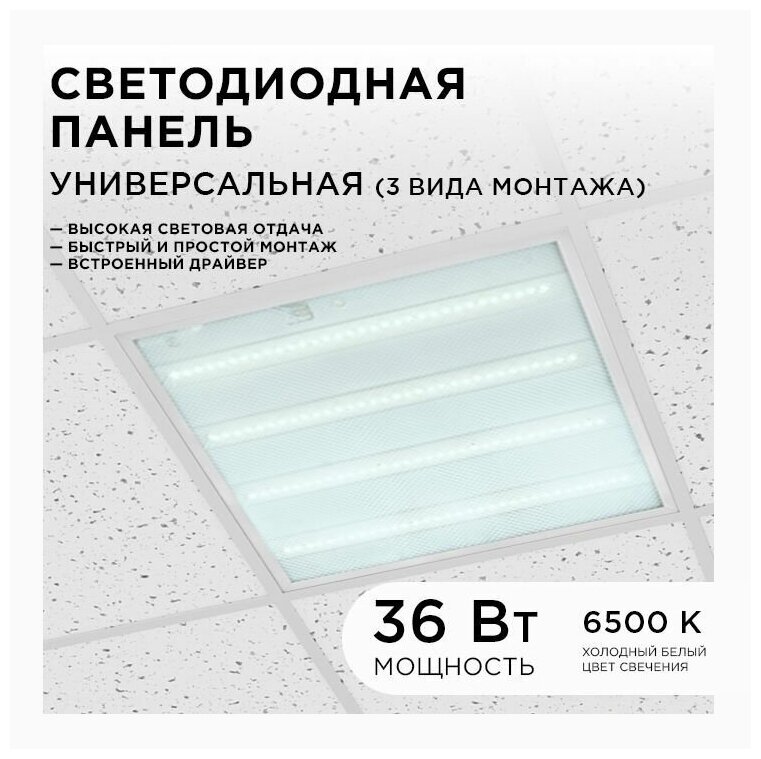 Светодиодная панель универсальная Армстронг, 36Вт, 3300Лм, 6500К, 595х595х19мм,