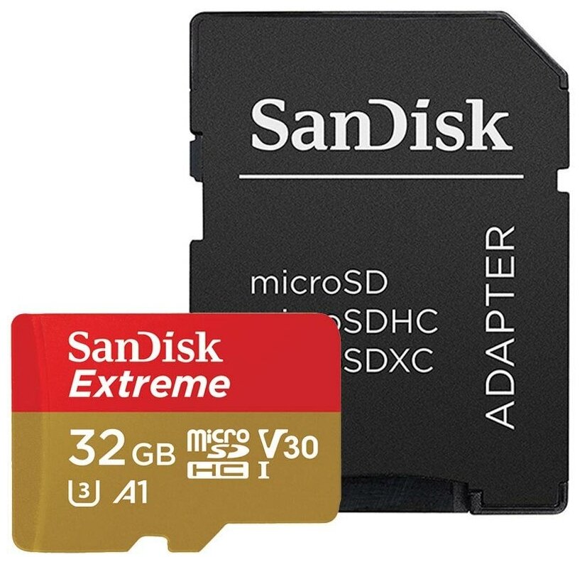 Карта памяти Sandisk Extreme microSDHC 32Gb UHS-I U3 V30 A1 + ADP (100/60 MB/s), SDSQXAF-032G-GN6MA