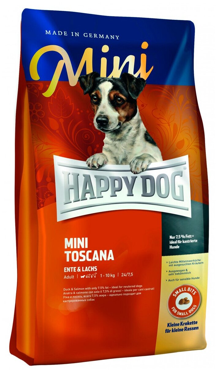 Сухой корм для стерилизованных собак Happy Dog Mini Toscana, при чувствительном пищеварении 1 кг (для мелких пород)