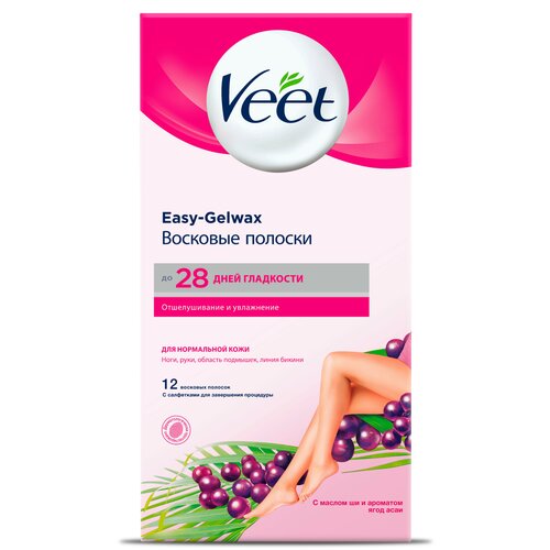 Veet Восковые полоски Easy Gelwax для норм. кожи Масло Ши и Асаи 12 шт