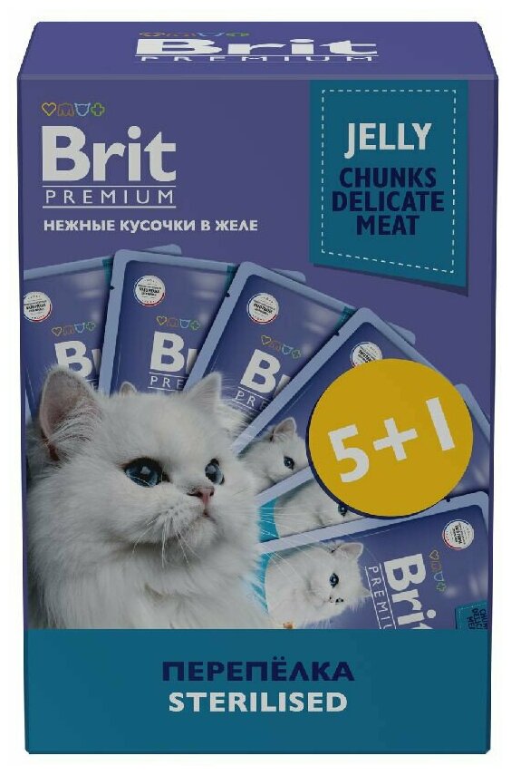 Пауч Brit Premium Промо-Набор 5+1 для взрослых стерилизованных кошек, перепелка в желе, 85г - фотография № 3