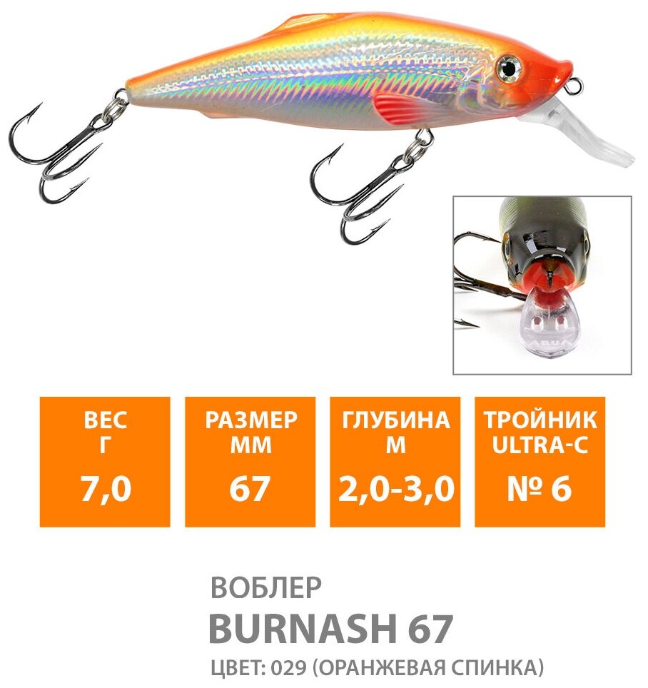 Воблер для рыбалки плавающий AQUA Burnash 67mm 7g заглубление от 2 до 3m цвет 029