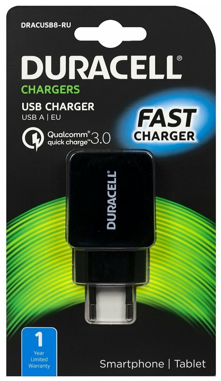 Сетевое зарядное устройство Duracell DRACUSB8-RU, QC3.0, 1 USB черный