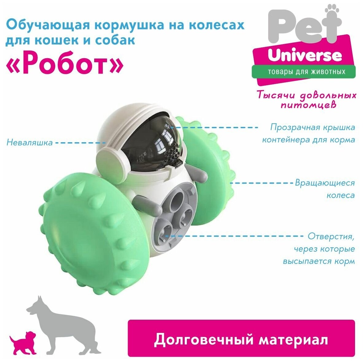 Развивающая игрушка для собак и кошек Pet Universe, головоломка, обучающая кормушка дозатор Робот на колесах, для медленной еды и лакомств, IQ PU1005GN - фотография № 4