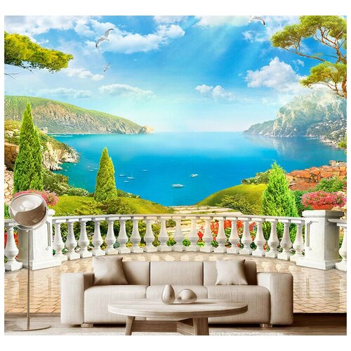 Фотообои на стену флизелиновые Модный Дом Терраса с видом на озеро 300x260 см (ШxВ)