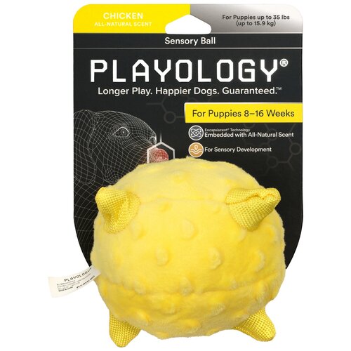 Playology сенсорный плюшевый мяч для щенков PUPPY SENSORY BALL 11 см с ароматом курицы, желтый