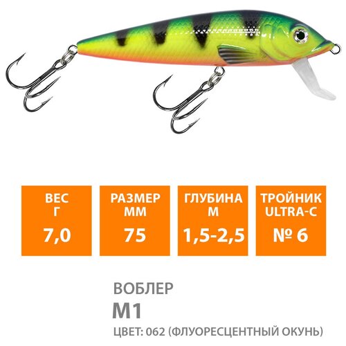 фото Воблер для рыбалки плавающий aqua m-1 (new) 75mm 7g заглубление от 1.5 до 2.5m цвет 062