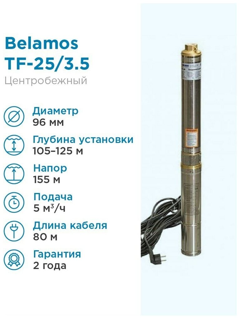 Насос скважинный Belamos TF-25 (0,51 кВт, Qmax 58 л/мин, Hmax 28 м, 1х230В, кабель 16м)