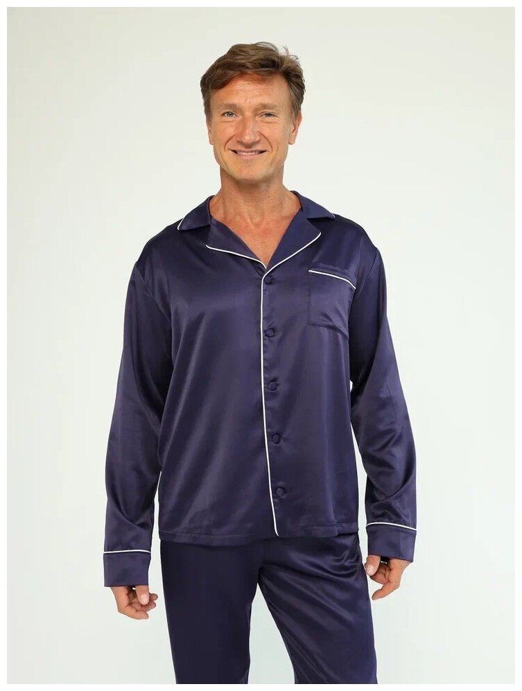 Пижама мужская домашняя (шёлк), комплект с брюками и рубашкой, Цвет синий, Размер 56 - фотография № 2