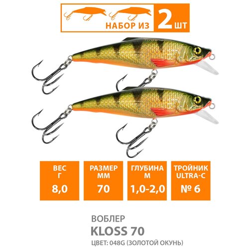 фото Воблер плавающий aqua kloss 70mm 8g заглубление от 1 до 2m. приманка для рыбалки на спиннинг с лодки или берега, кастинг, троллинг цвет 048g (2шт)
