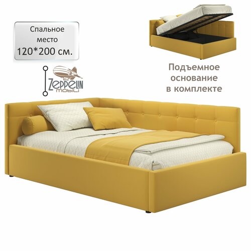 фото Кровать-тахта угловая bonna 120х200 желтая подъемная, мягкая спинка из велюра, с ортопедическими ламелями, с ящиком для хранения zeppelinmobili