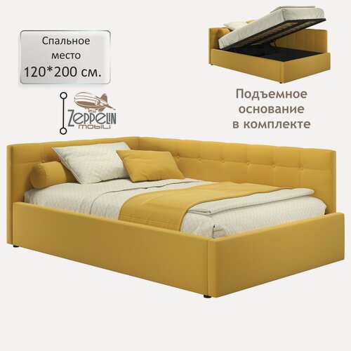 Изображение товара Кровать-тахта угловая Bonna 120х200 желтая подъемная, мягкая спинка из велюра, с ортопедическими ламелями, с ящиком для хранения