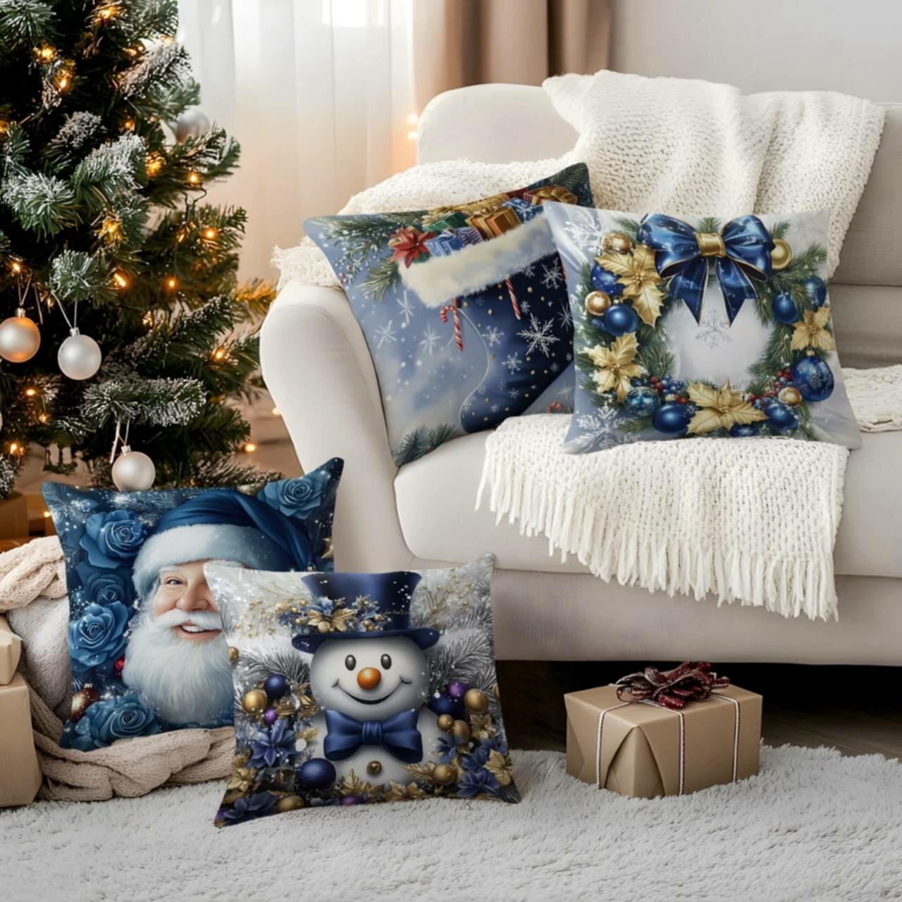 Новогодние подушки, мягкий наполнитель, 45см x 45см, набор 4 шт