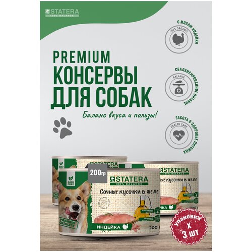 Полнорационный консервированный корм для собак - сочные кусочки в желе с индейкой 3 банки по 200 гр.