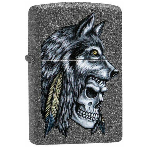 Оригинальная бензиновая зажигалка ZIPPO Classic 29863 Wolf Skull Feather Design с покрытием Iron Stone™ - Волк, Череп и Перо зажигалка zippo wolf skull iron stone