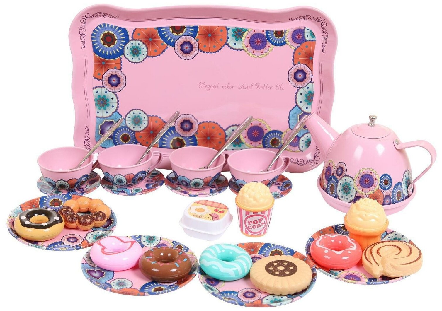 Набор посудки Junfa металлическая в наборе с чайником, чашками, блюдцами, подносом, розовый