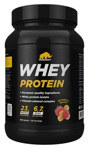 Протеин сывороточный PRIMEKRAFT Whey Protein, Клубника-банан (Strawberry-banana), банка 900 г / 30 порций