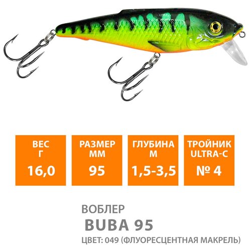 воблер aqua buba 95mm цвет 049 Воблер для рыбалки плавающий AQUA Buba 95mm 16g заглубление от 1.5 до 3,5m цвет 049