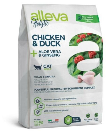 Alleva Holistic Cat Adult Chicken & Duck сухой корм для взрослых кошек с курицей и уткой, алое вера и женьшенем - 1,5 кг