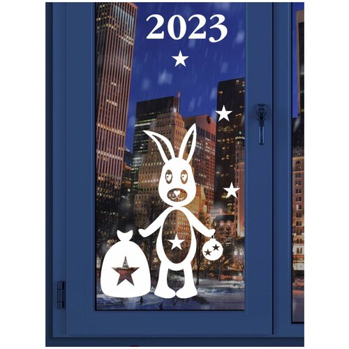 Виниловая наклейка на стену, окно Новогодний заяц 2023 (60х44см) (подарок, праздник, Рождество, звезды, кролик, символ года)