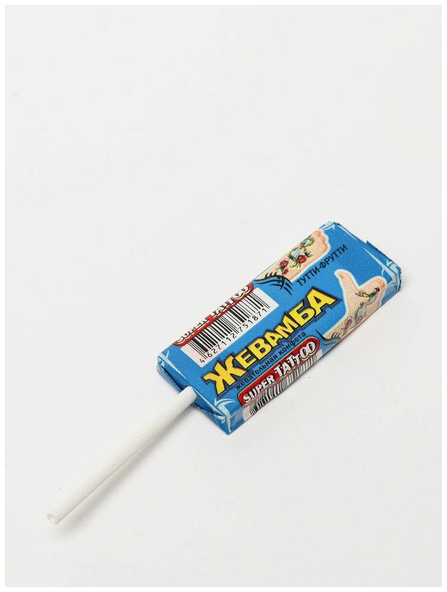 Жевательная конфета на палочке жевамба SUPER TATTOO тутти-фрутти, 50 шт по 10гр, с татуировками Канди Клаб. - фотография № 3