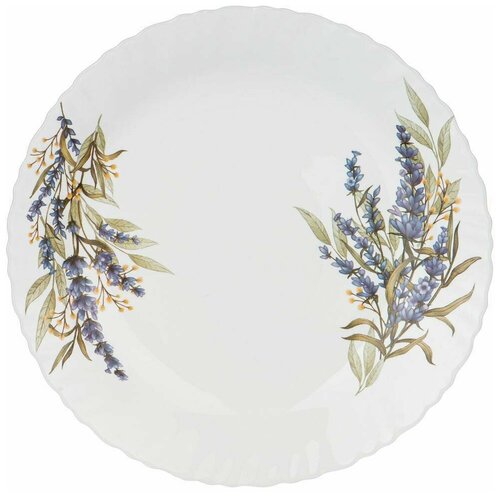 Тарелка обеденная столовая 25 см Agness Lavender Field, стекло ударопрочное, мелкая белая, для подачи блюд и сервировки стола