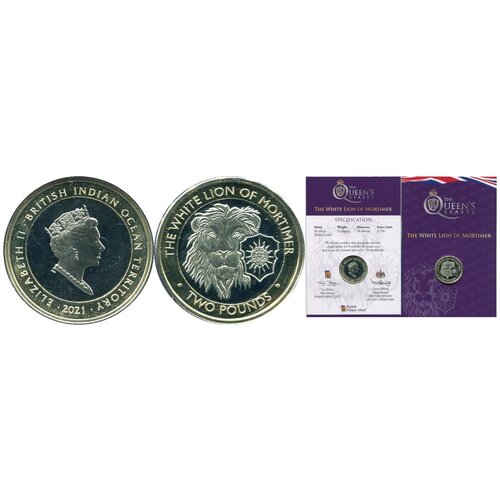 2020 монета остров джерси 2020 год 2 фунта сандрингемский дворец биметалл буклет (2021) Монета Британская терр в Инд океане 2021 год 2 фунта Белый лев Мортимера Биметалл Буклет