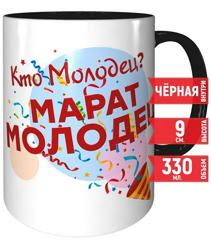 Кружка Кто молодец? Марат молодец! - черная внутри и черная ручка.