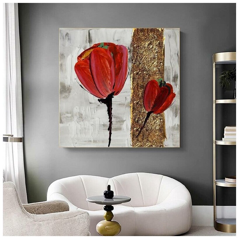 Интерьерная картина "Красные цветы" в комнату/гостиную/зал/спальню, арт холст на подрамнике, 70х70 см