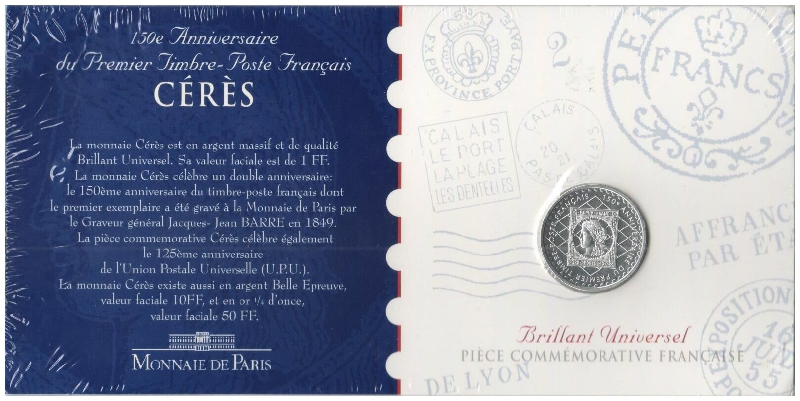 (1999) Монета Франция 1999 год 1 франк "Первая почтовая марка. 150 лет" Серебро Ag 900 Буклет