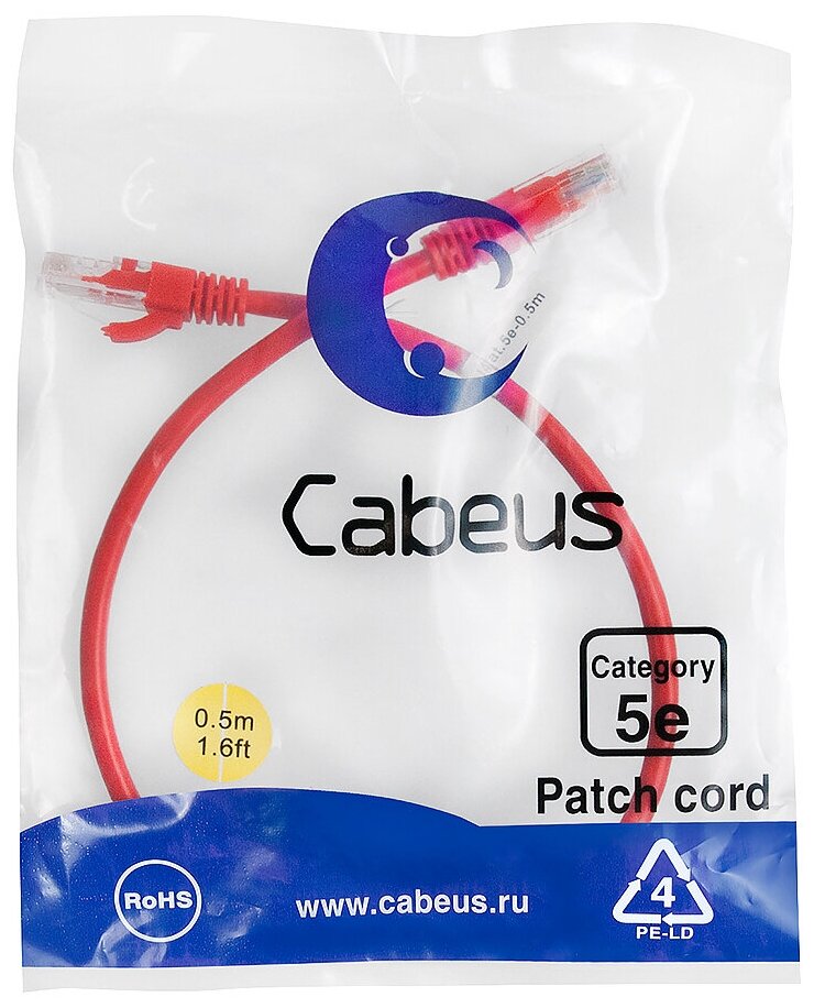 Патч-корд Cabeus PC-UTP-RJ45-Cat.5e-0.5m-RD Кат.5е 0.5 м красный