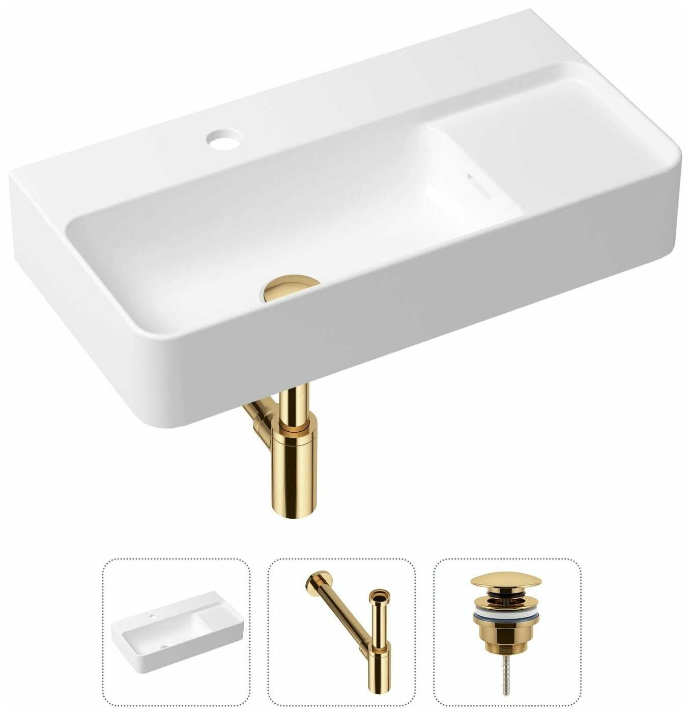 Накладная раковина в ванную Lavinia Boho Bathroom Sink Slim 21520497 в комплекте 3 в 1: умывальник белый, донный клапан и сифон в цвете золото